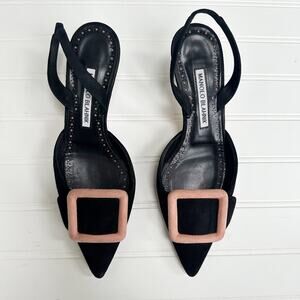 Manolo Blahnik Maysli Black Suede Slingback Heels Pink Buckle Pointed Toe 37